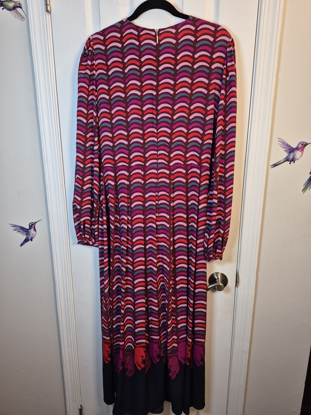 Kate Spade New York Geometric Panther Midi Dress Long Sleeve Tie Waist Size 12 - Picture 3 of 9